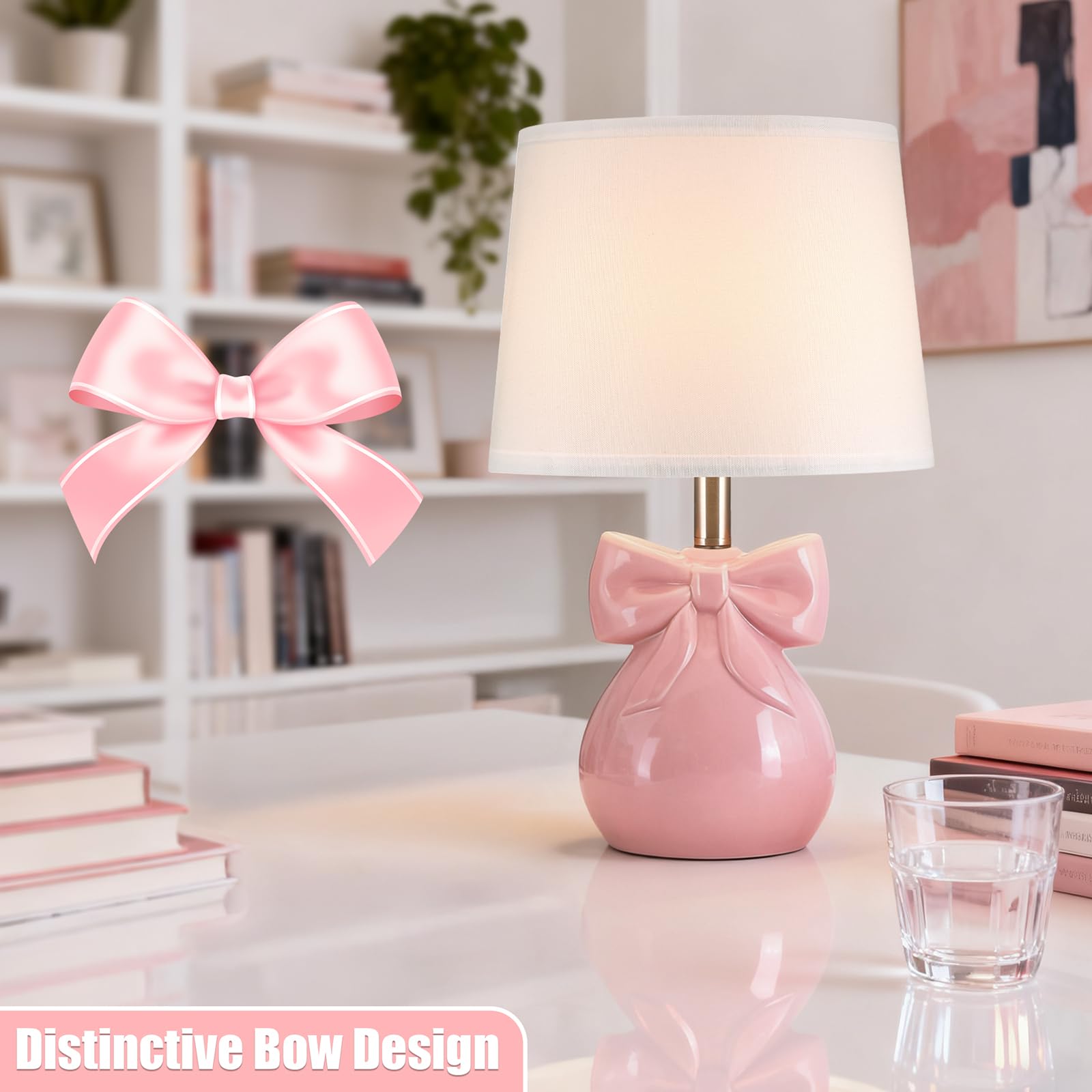 Pink Bow Ceramic Table Lamps Set of 2 - 19" Bedside Lamps with Bulbs