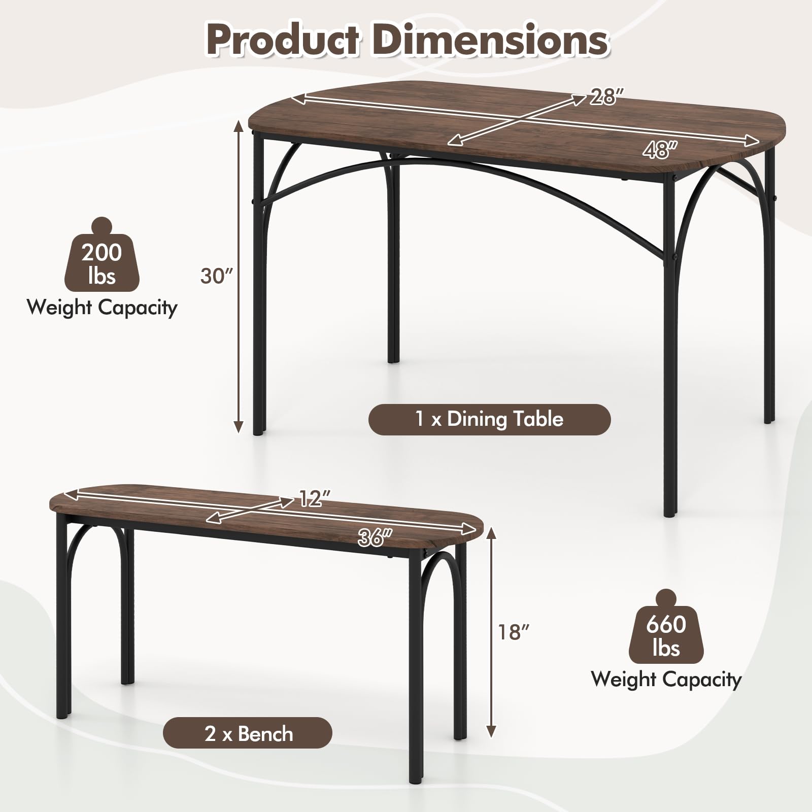 3-Piece Dining Table Set with 2 Benches