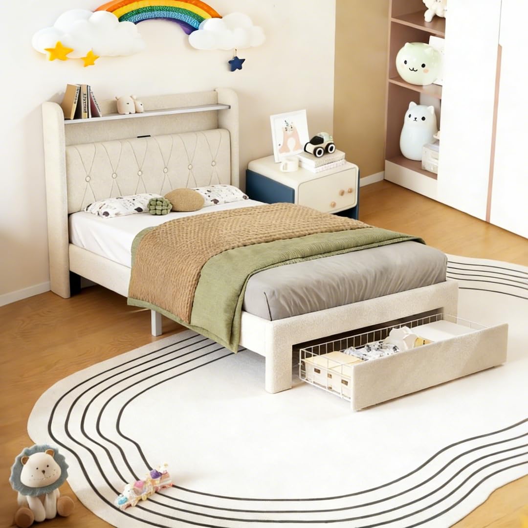 Twin Upholstered Platform Bed with LED Lights