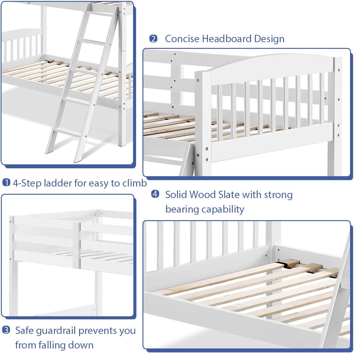 Twin Over Twin Bunk Bed with Ladder and Safety Rail