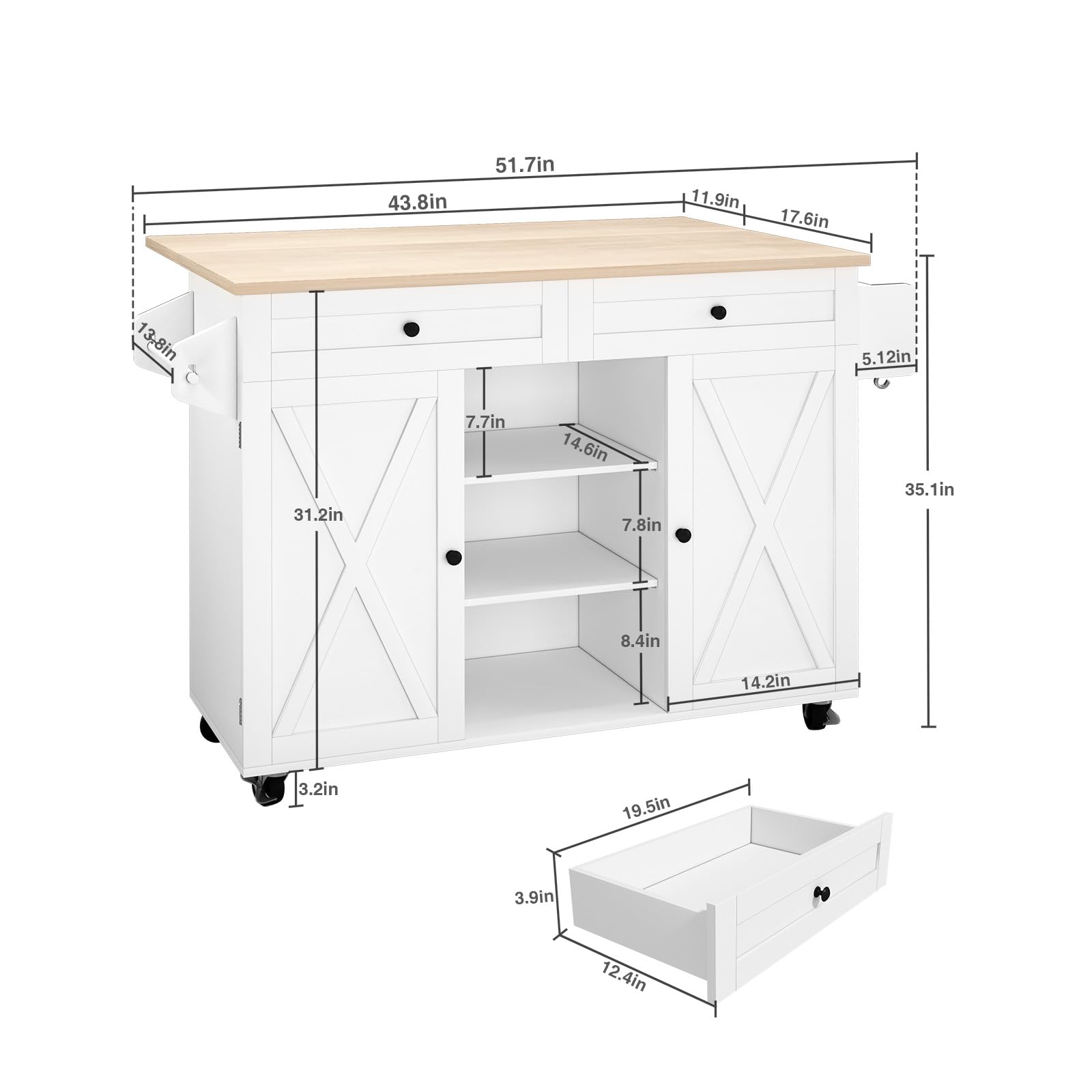 Rolling Kitchen Island Cart with Drop Leaf and Storage