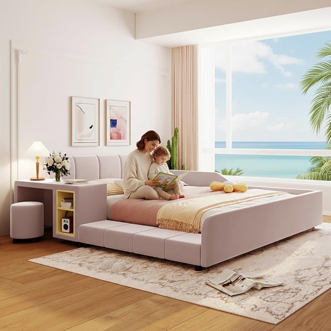 Full Size Velvet Upholstered Platform Bed with Bedside Desk