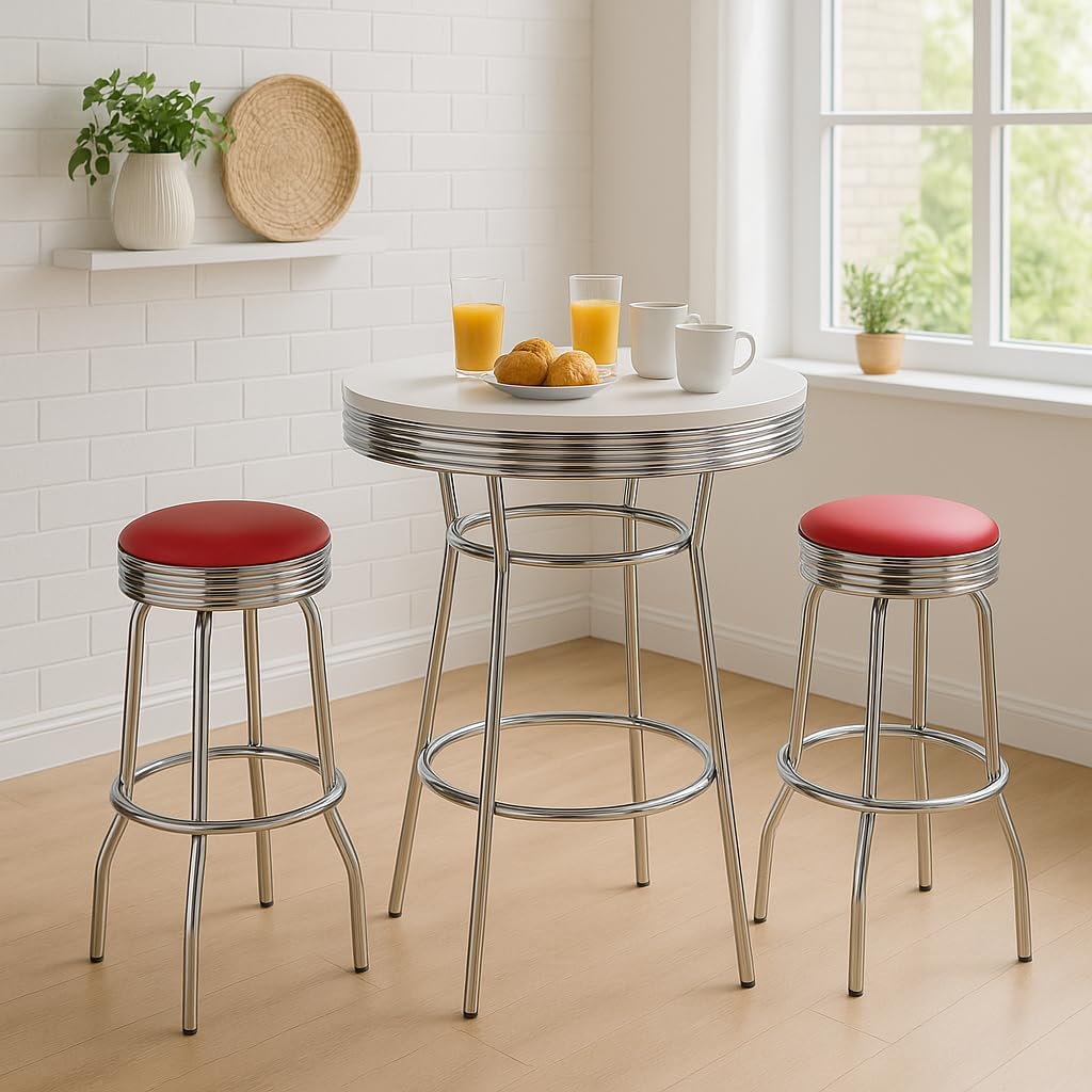 Retro Chrome 3-Piece Pub Bar Set with Swivel Stools