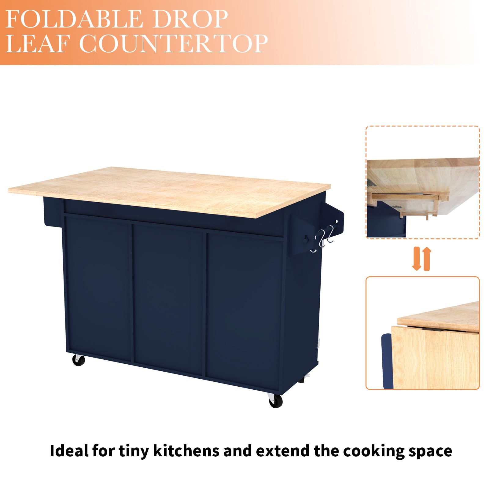 Blue Rolling Kitchen Island Cart with Drop Leaf and Storage