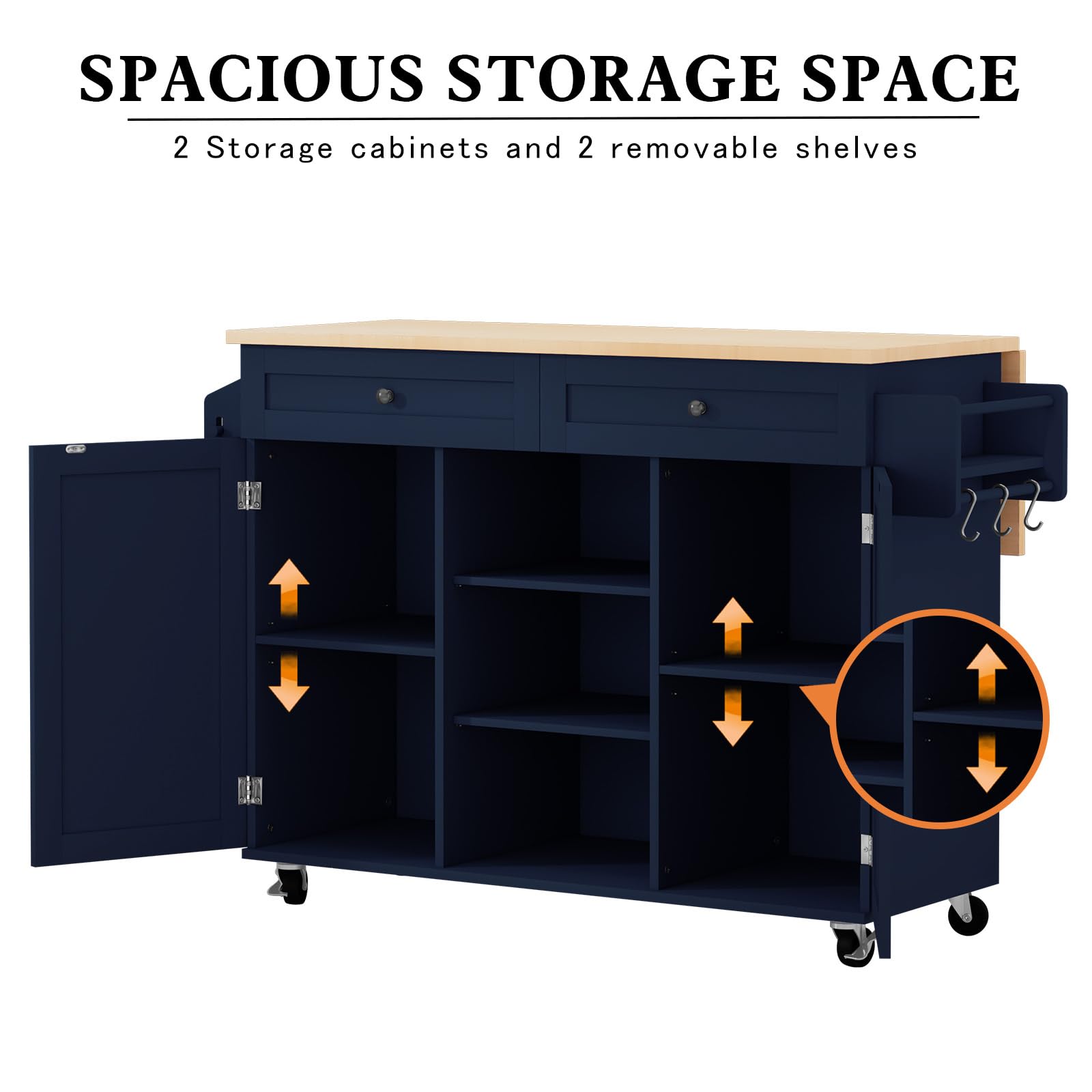 Blue Rolling Kitchen Island Cart with Drop Leaf and Storage