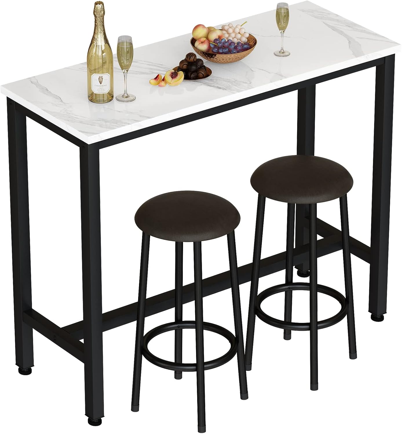 3-Piece Faux Marble Bar Table Set with Upholstered Stools