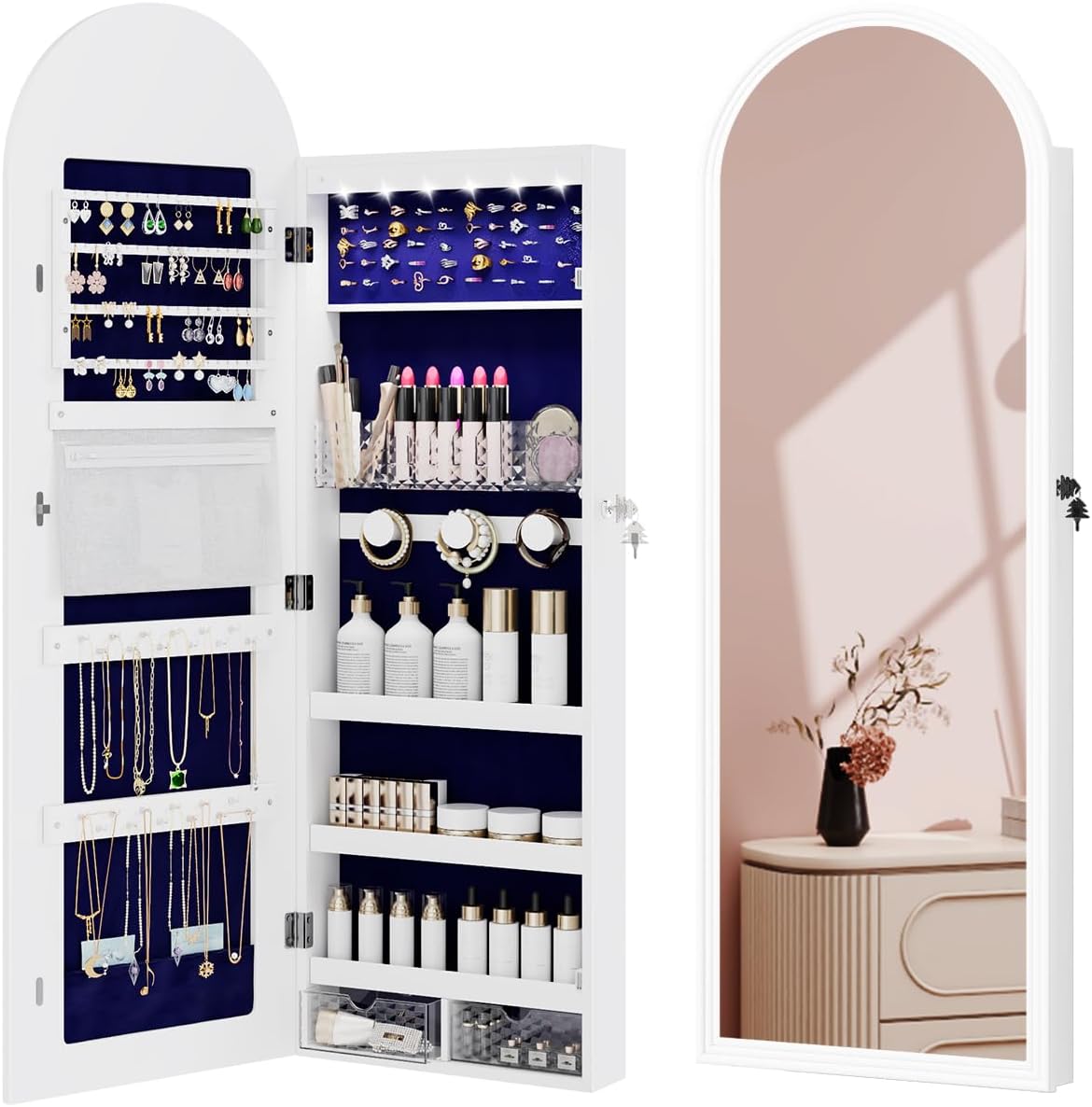 47-Inch Lockable Full-Length Mirror Jewelry Cabinet with LED Lights