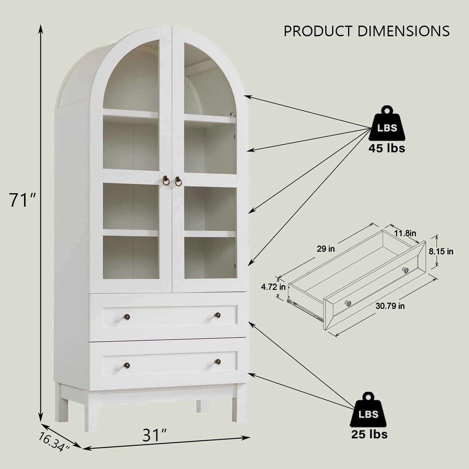 Tall Arched Kitchen Pantry Cabinet with Glass Doors