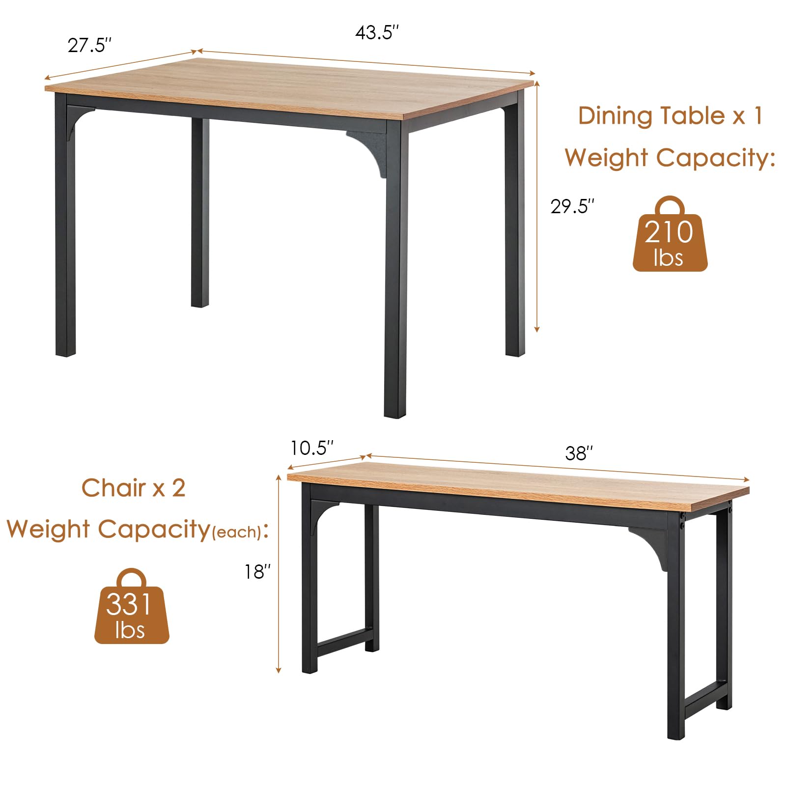 NAFORT 3-Piece Modern Dining Table Set for 4, 43.5" x 27.5" x 29.5", Black, Space-Saving with Under-Bench Storage, MDF Wood & Metal Frame, Ideal for Home & Restaurant