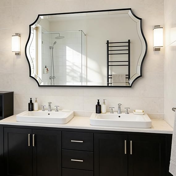 Wavy Bathroom Mirror 36x24 Inch Black Metal Frame