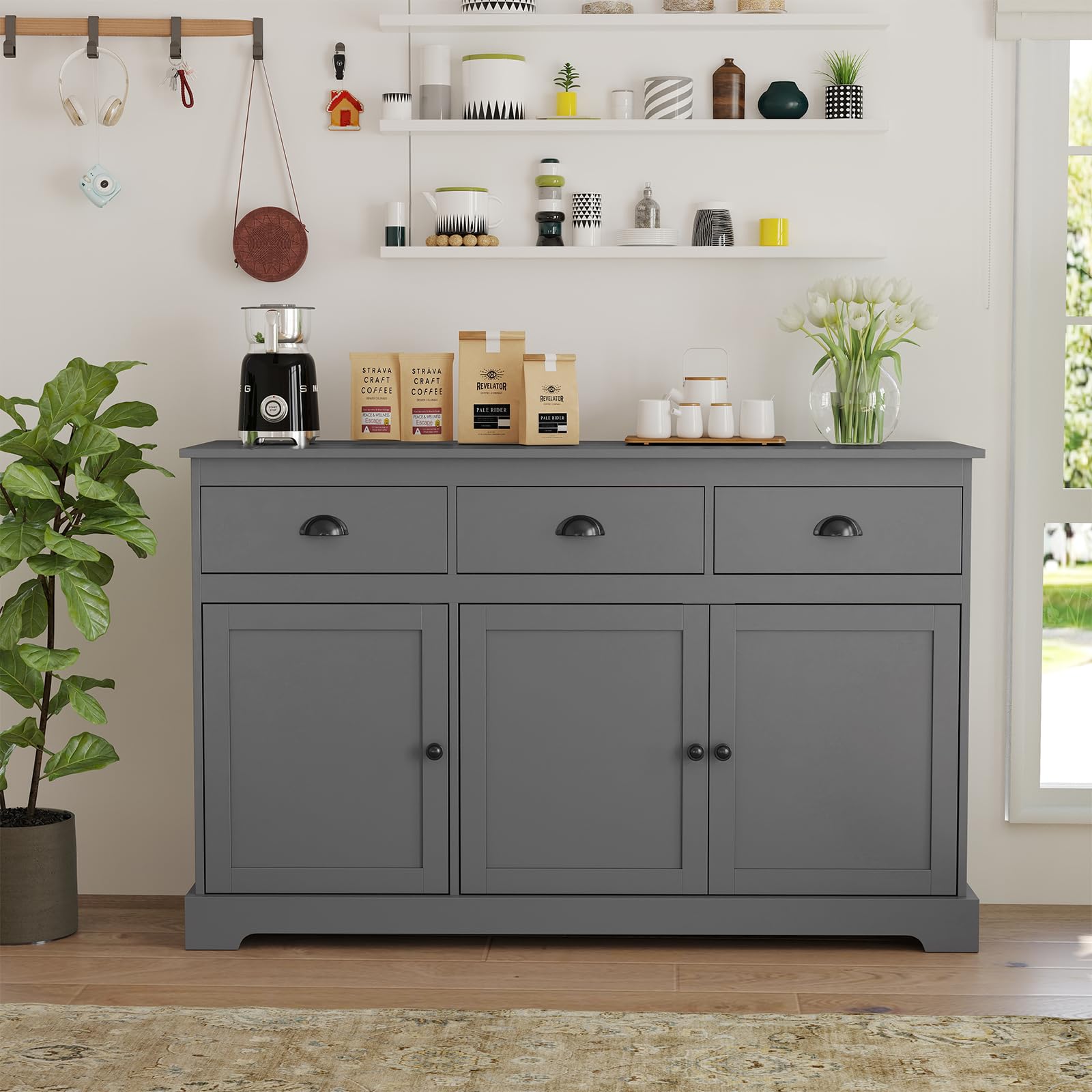 Grey Sideboard Buffet Cabinet with 3 Drawers and 2 Doors