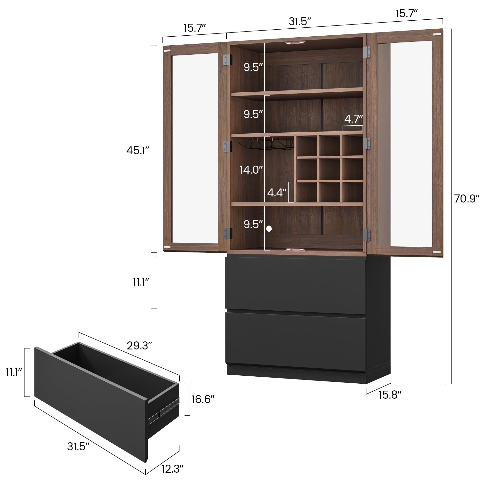 71" Display China Cabinet with Glass Doors and LED Lights