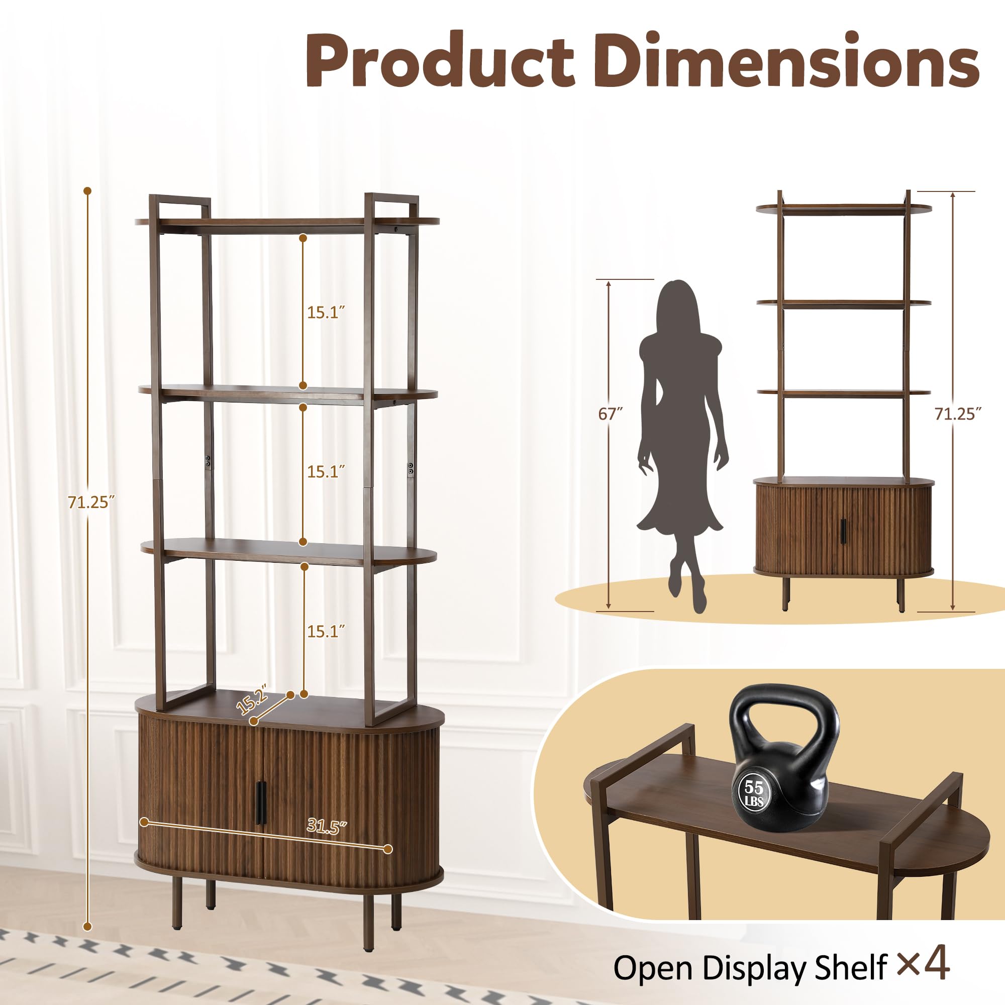 71" Tall Bookcase with Storage Cabinet and Sliding Doors