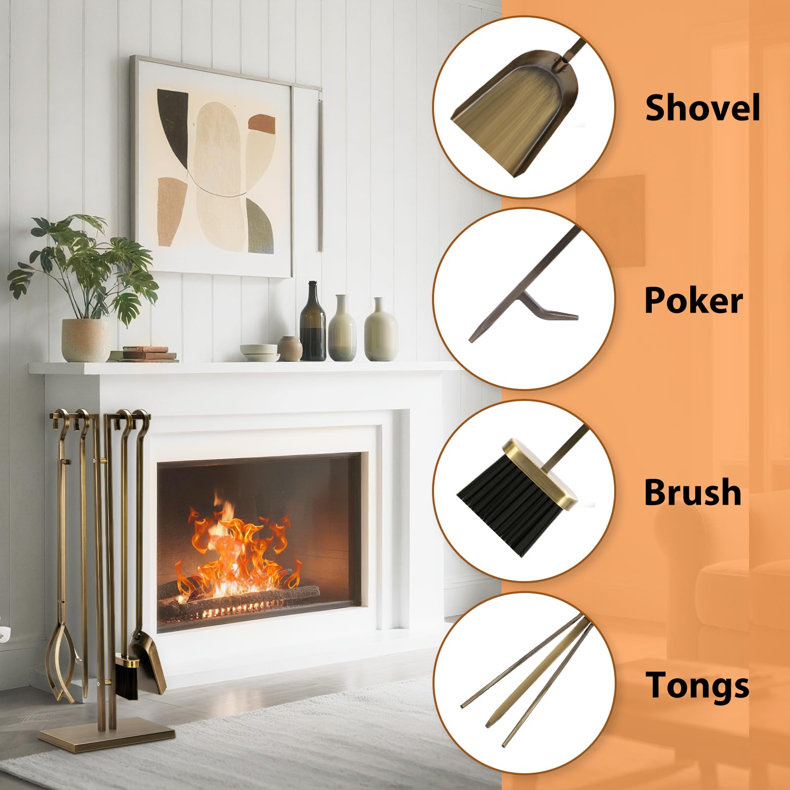 29 Inch Fireplace Tool Set - 5 Piece Wrought Iron Set with Stand