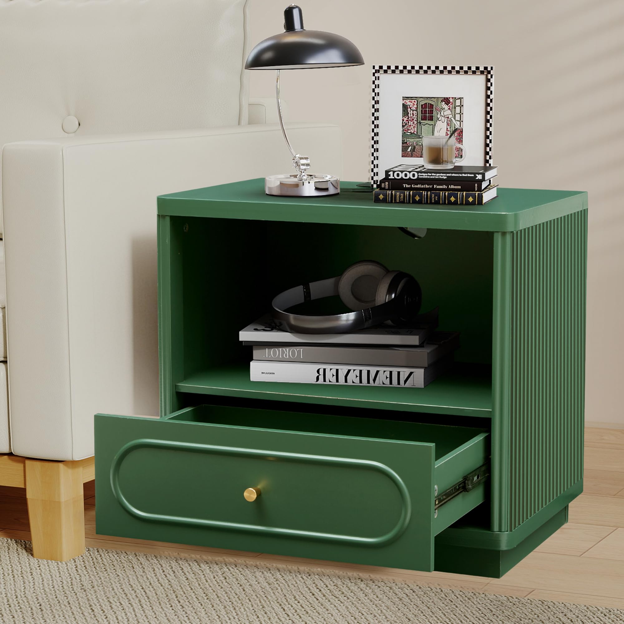 Fluted Nightstand with Charging Station and Drawer Storage