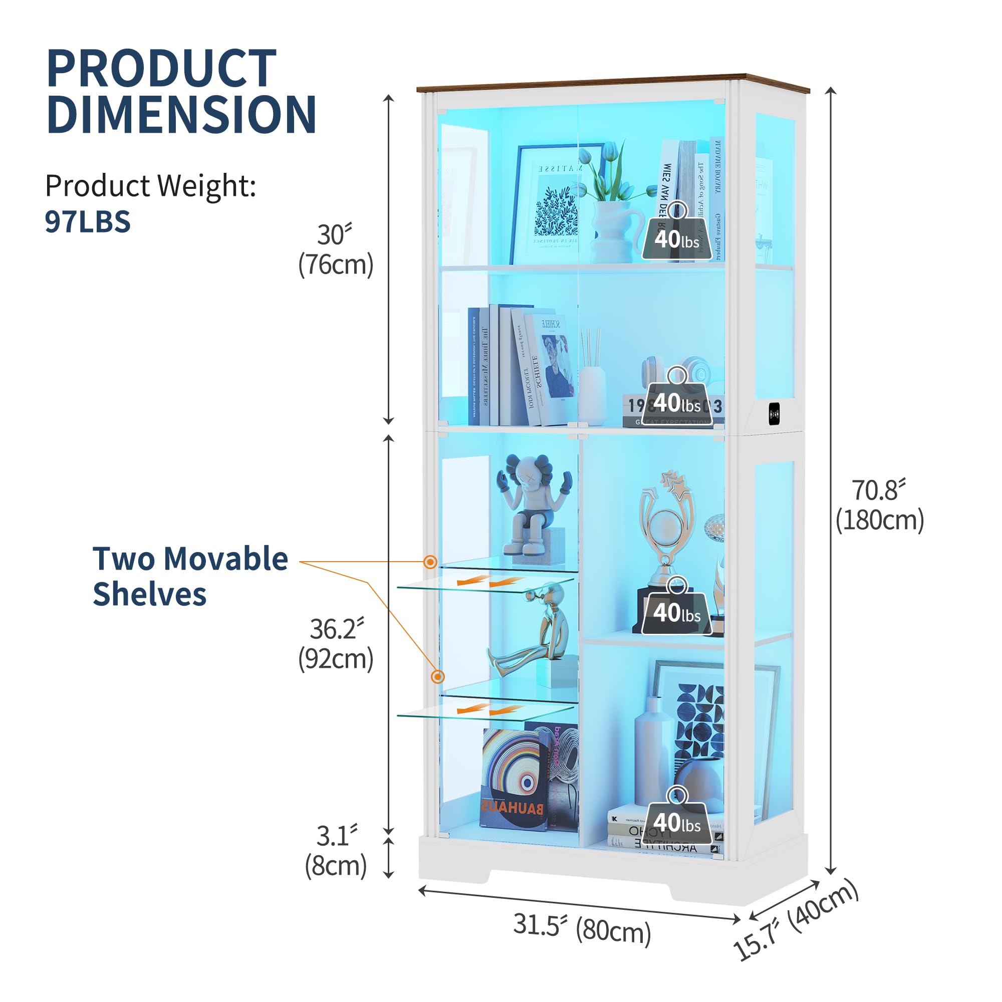 LED Display Cabinet with Glass Doors and Adjustable Shelves
