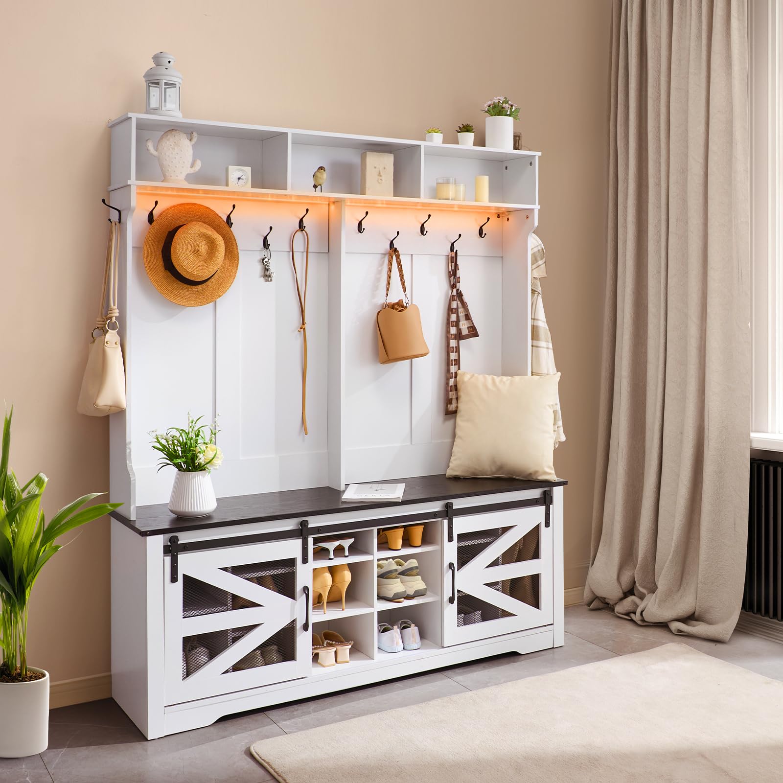 LED Hall Tree Entryway Bench with Shoe Storage