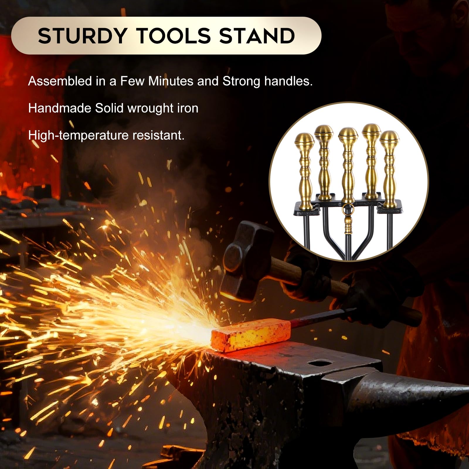 5-Piece Fireplace Tool Set with Brass Handles