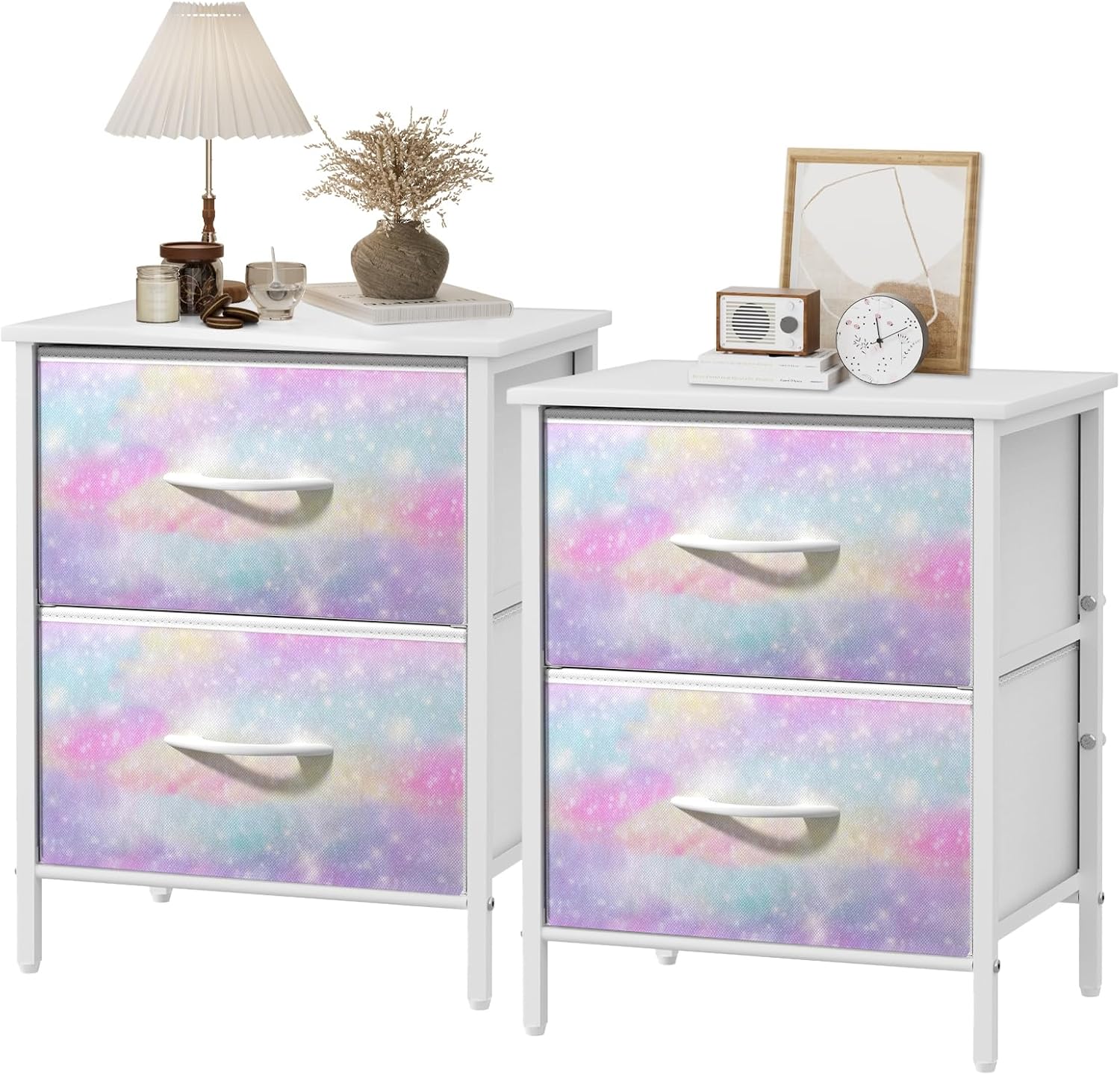 2-Drawer Pink Nightstand with Steel Frame