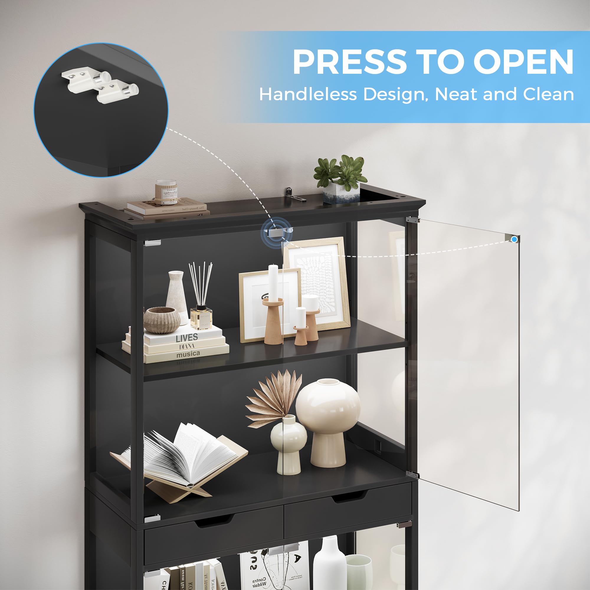68" Glass Display Cabinet with RGB LED, Human Sensor & 2 Drawers