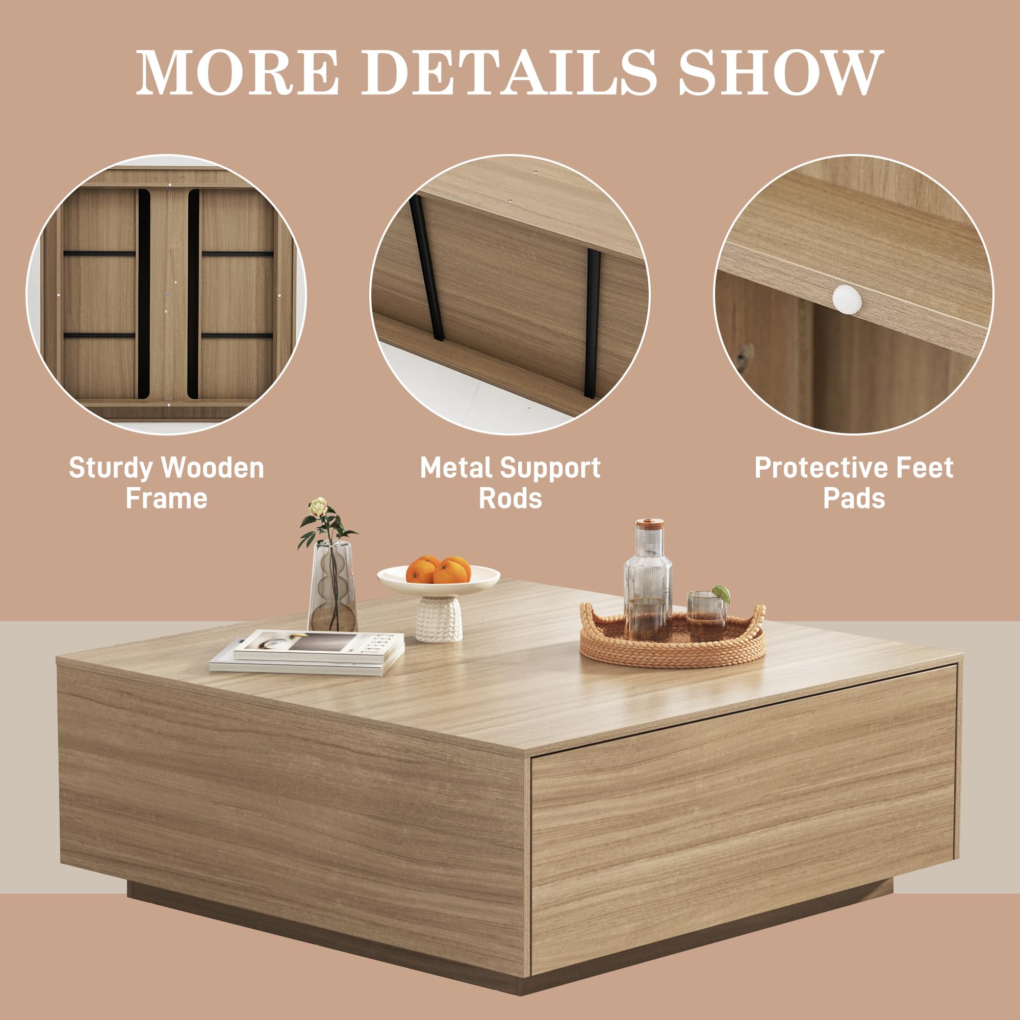 Square Coffee Table with Storage and 2 Drawers