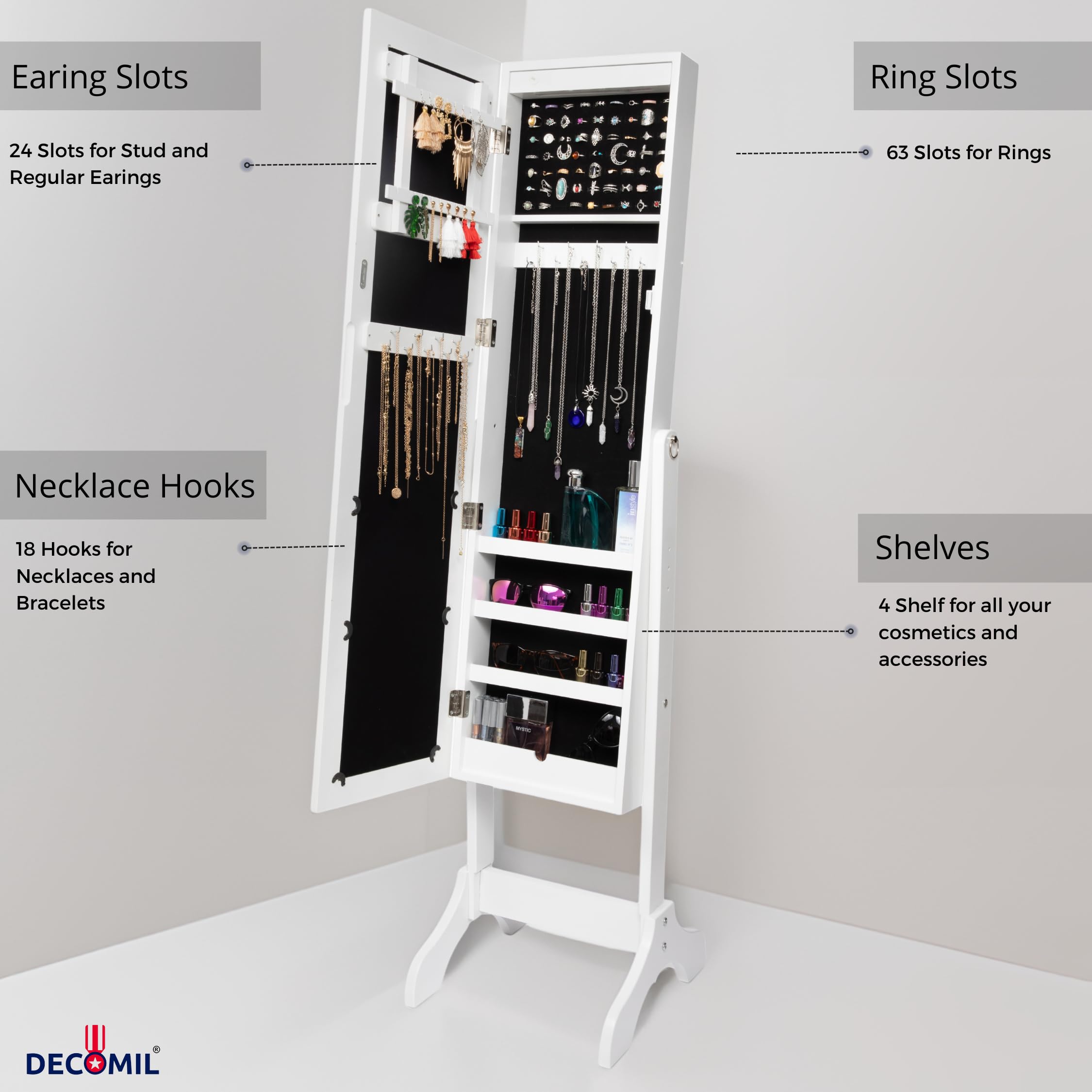 LED Mirrored Jewelry Cabinet Armoire 57" Tall