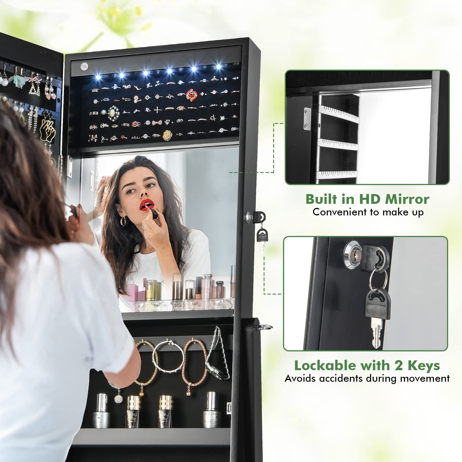 Jewelry Armoire Cabinet with Full Length Mirror and LED Lights