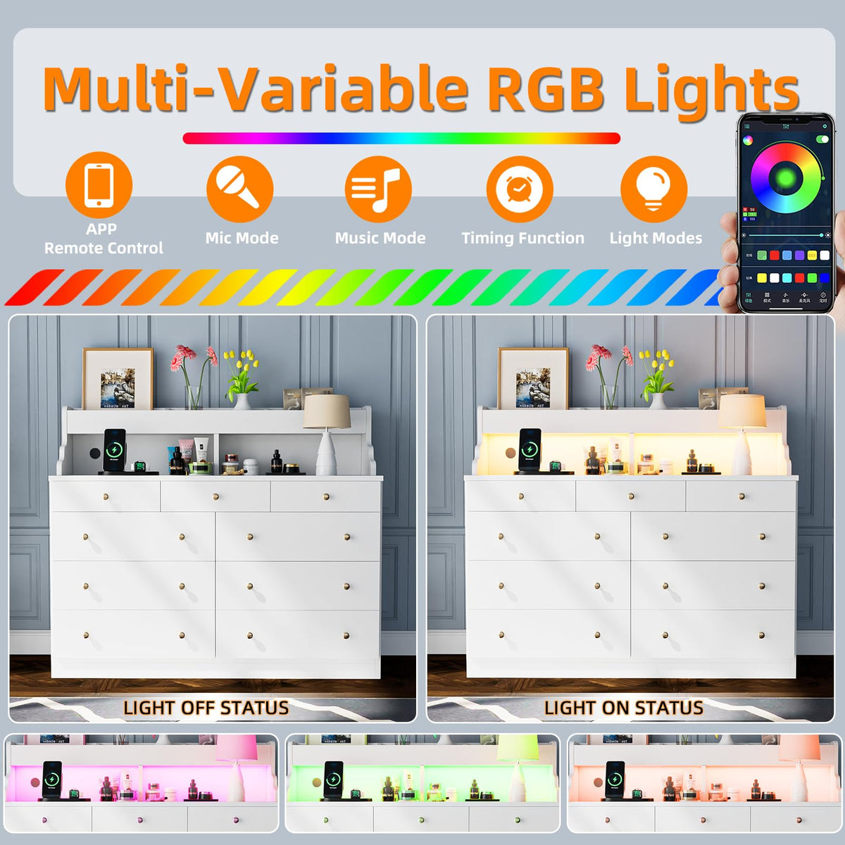 9 Drawer Dresser with LED Light and Power Outlet