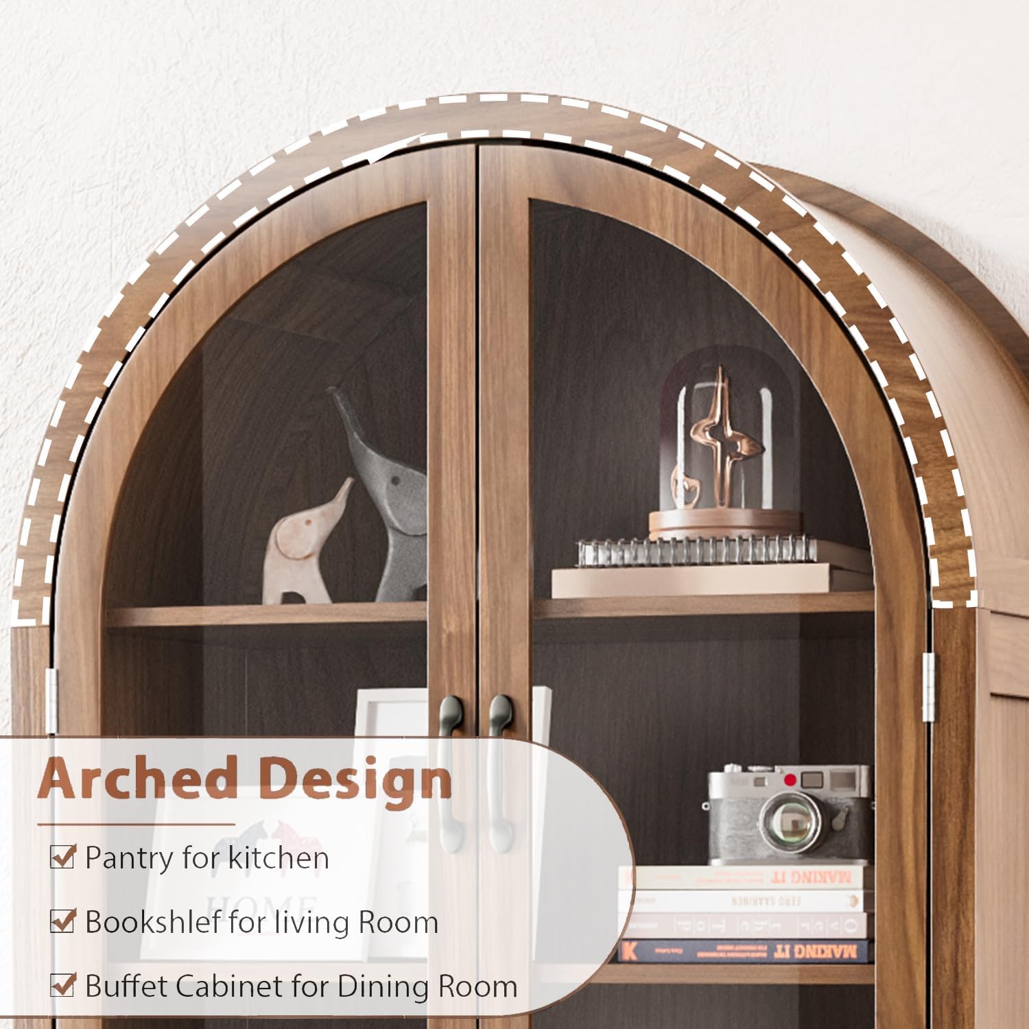 Arched Kitchen Pantry Cabinet with Glass Doors