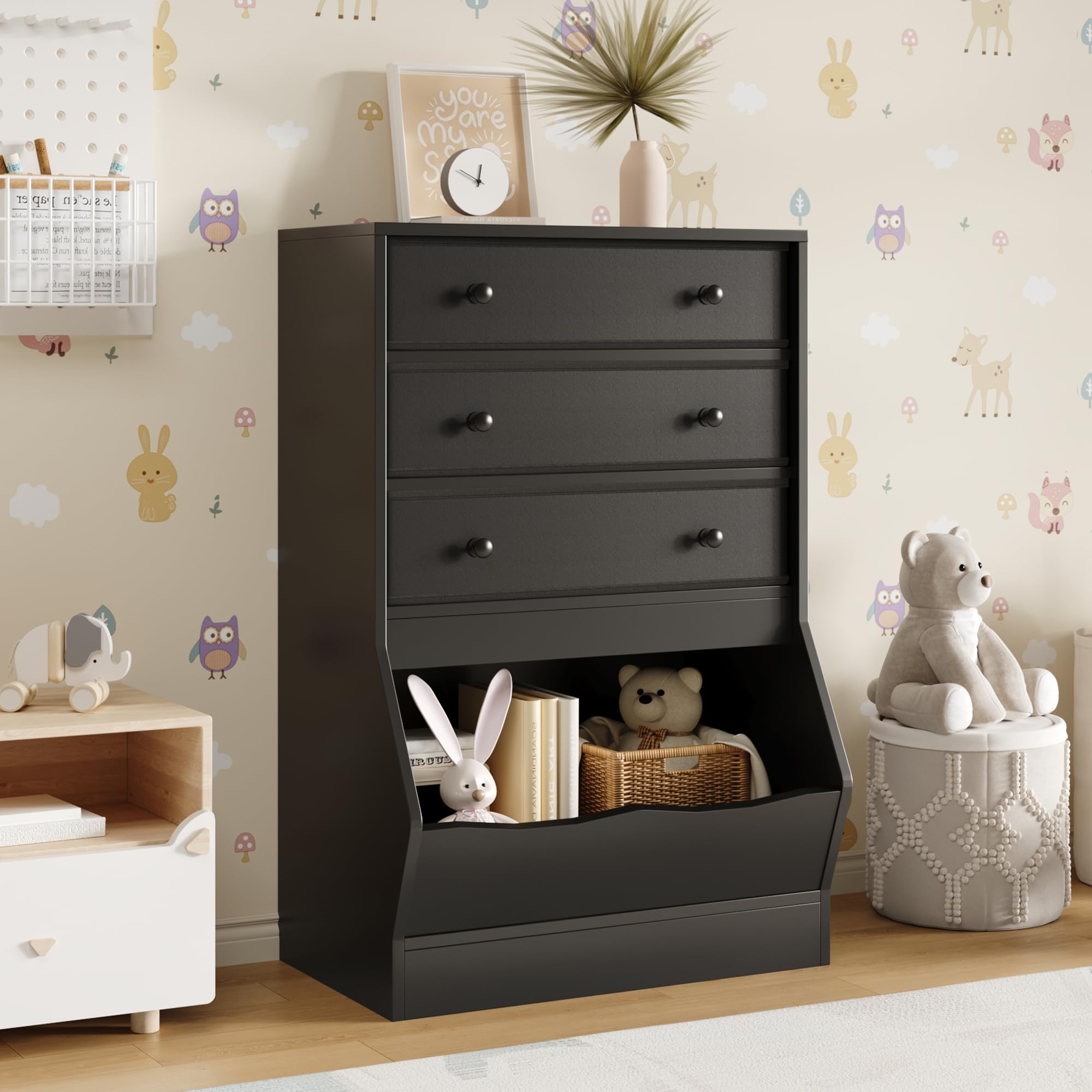 Toy Storage Organizer with Open Cube and Fabric Drawers