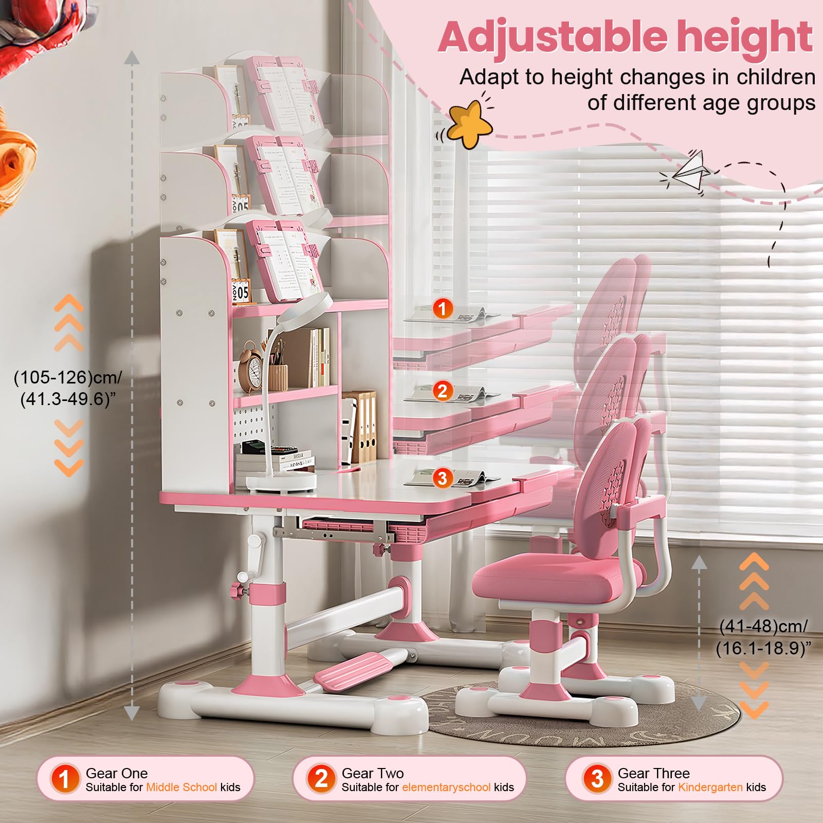 OYOWINGO Kids Functional Desk and Chair Set - Ergonomic Height Adjustable Art Desk for Bedroom with Tiltable Desktop, Book Stand, Reading Rack & Storage Drawer for Children Boys & Girls (013Pink)