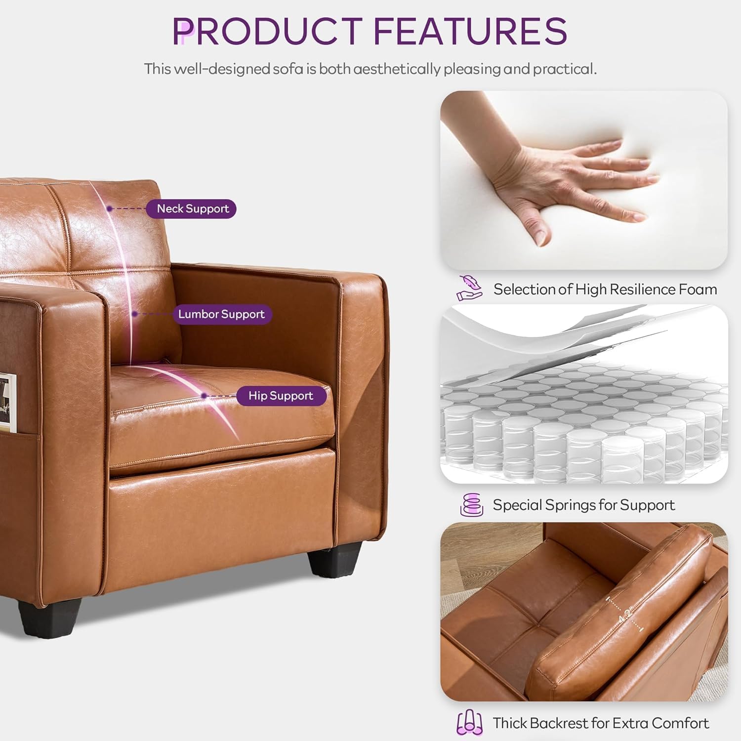 TYBOATLE Oversized Accent Chair with Ottoman, Wide Chaise Lounge Chair Indoor, Mid Century Modern Armchair with Pockets, Leather Comfy Chairs for Bedroom, Living Room, Office (Brown)