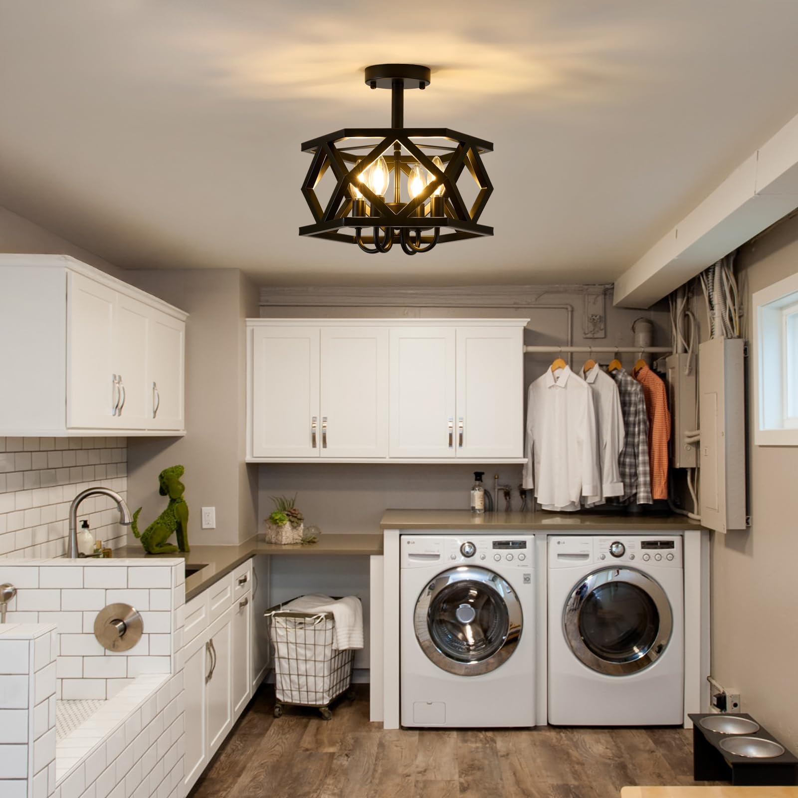 Black Semi Flush Mount Ceiling Light 4-Light Farmhouse Chandelier