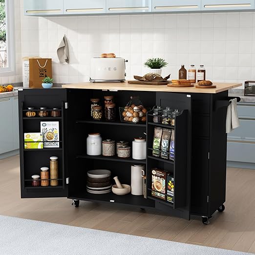 Sage Green Rolling Kitchen Island with Drop-Leaf and Storage