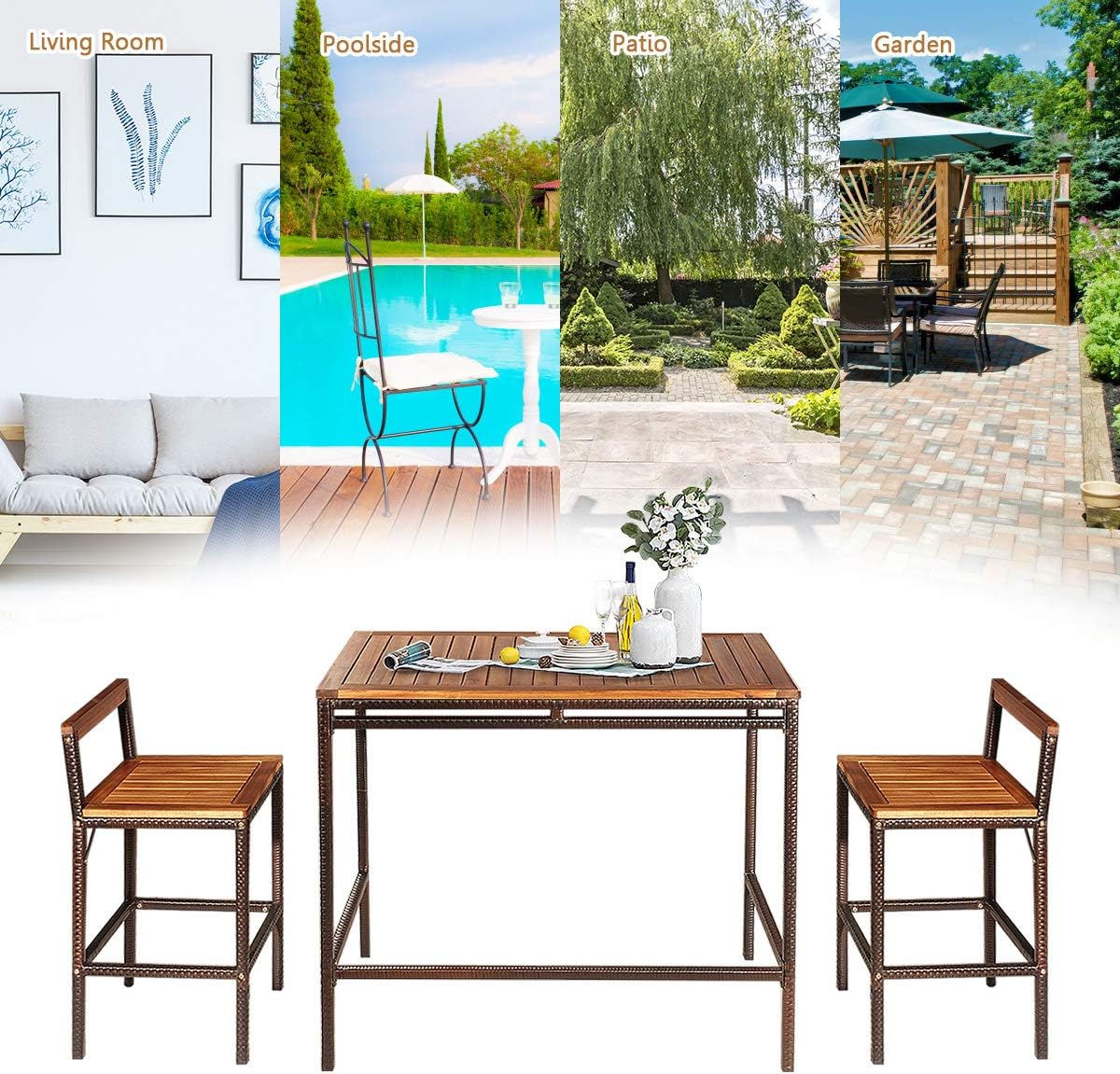 3-Piece Outdoor Rattan Bar Set with Acacia Wood