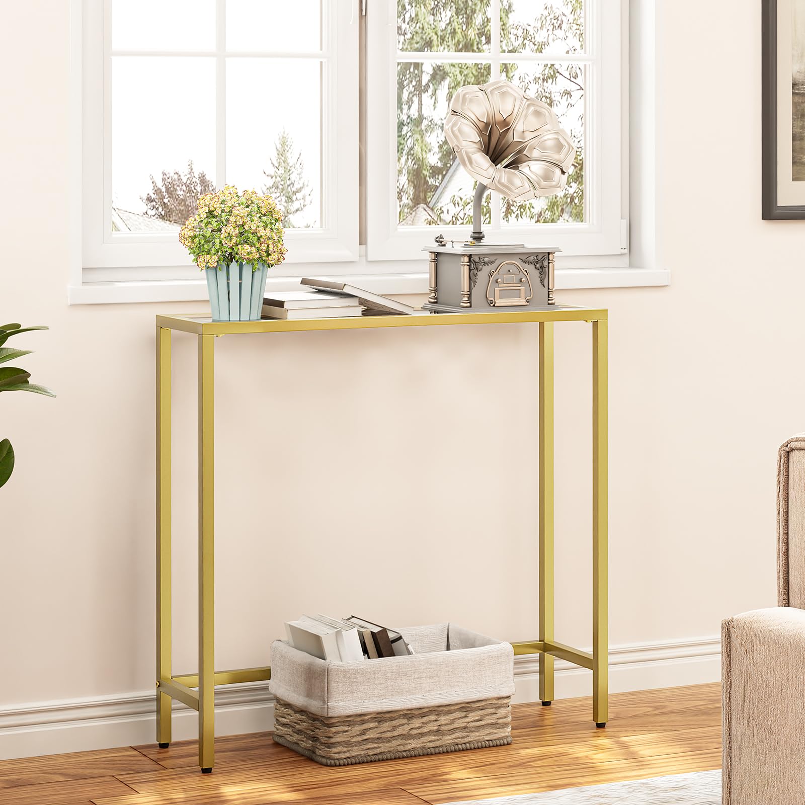 Narrow Console Table Tempered Glass Gold