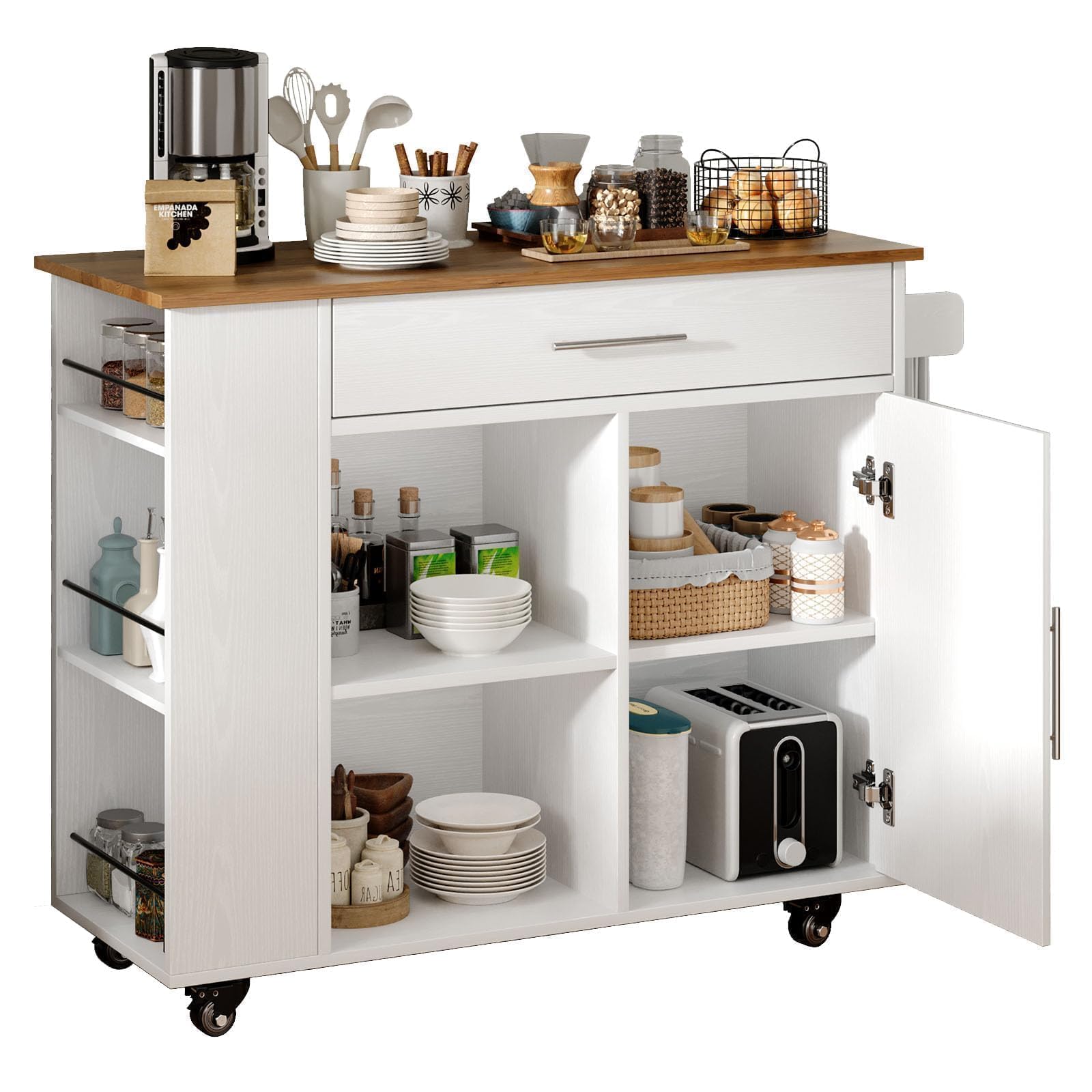 Kitchen Island on Wheels with Storage and Barn Door Cabinet