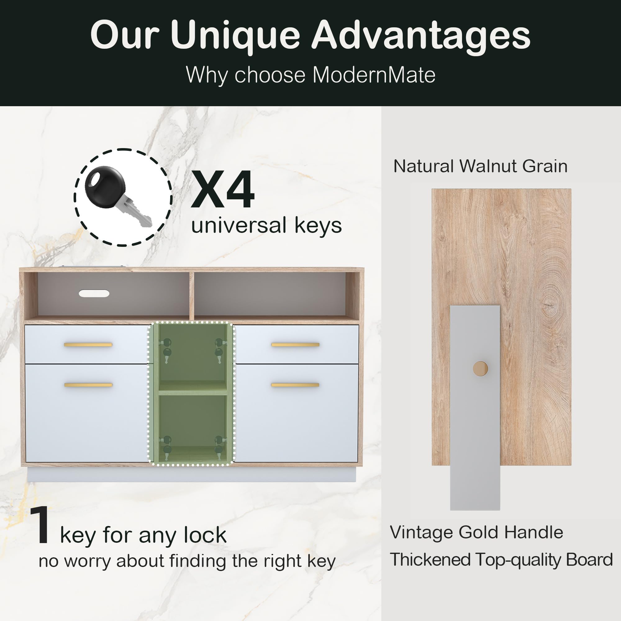 4 Drawer Wood File Cabinet with Lock and Power Strip