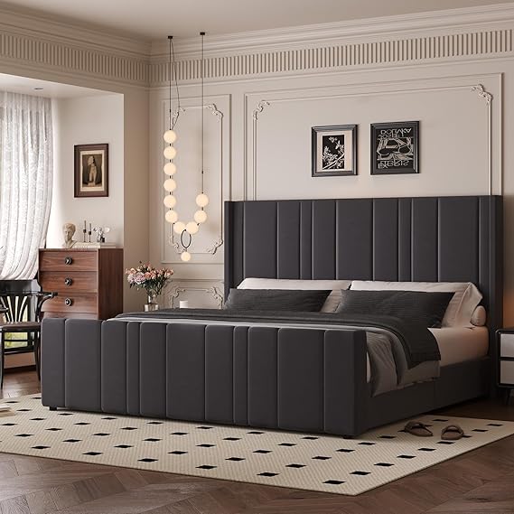 Pink Velvet Queen Bed Frame with Tufted Headboard