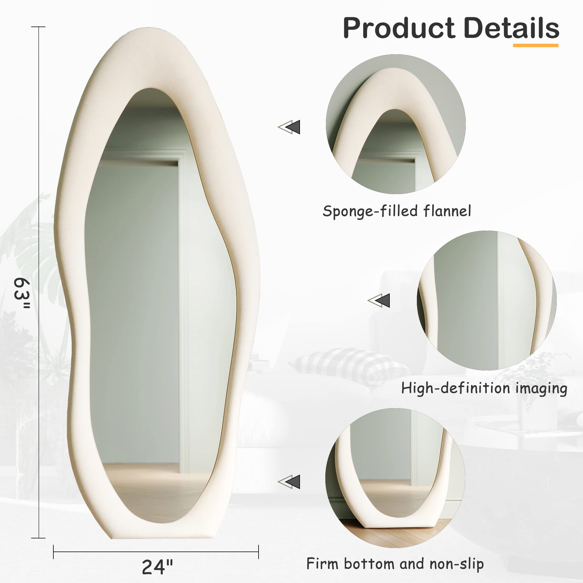 Full Length Wall Mirror 63" x 24" Flannel Wrapped Wooden Frame