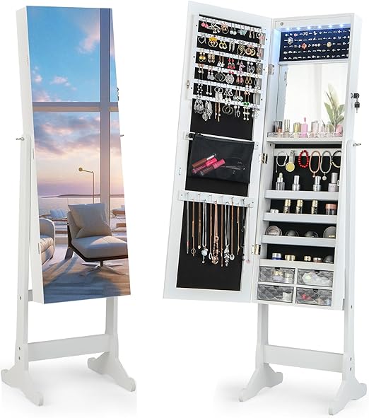 Jewelry Armoire Cabinet with Full Length Mirror and LED Lights