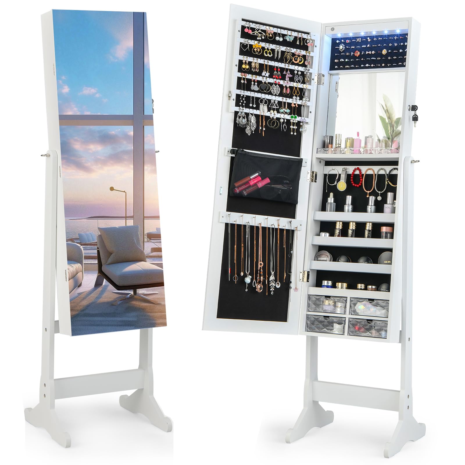 Jewelry Armoire Cabinet with Full Length Mirror and LED Lights