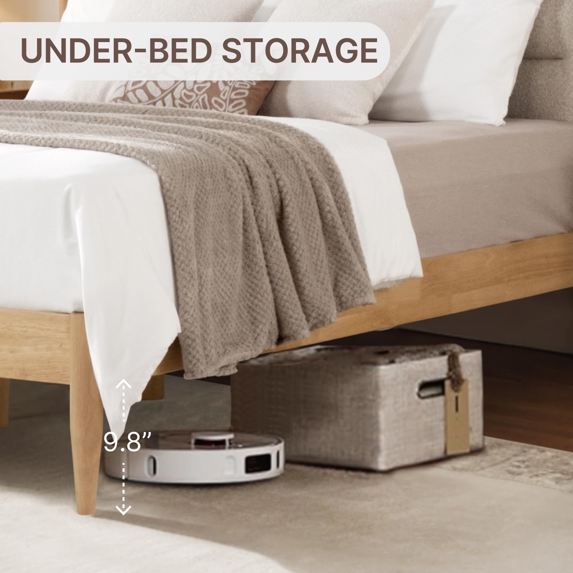 Wood Bed Frame with Upholstered Headboard