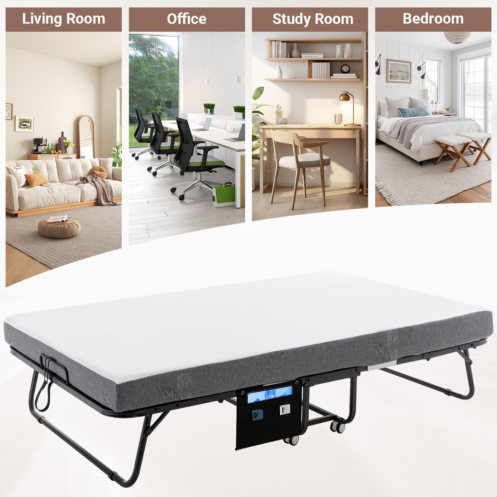 Foldable Rollaway Bed with Memory Foam 75x45