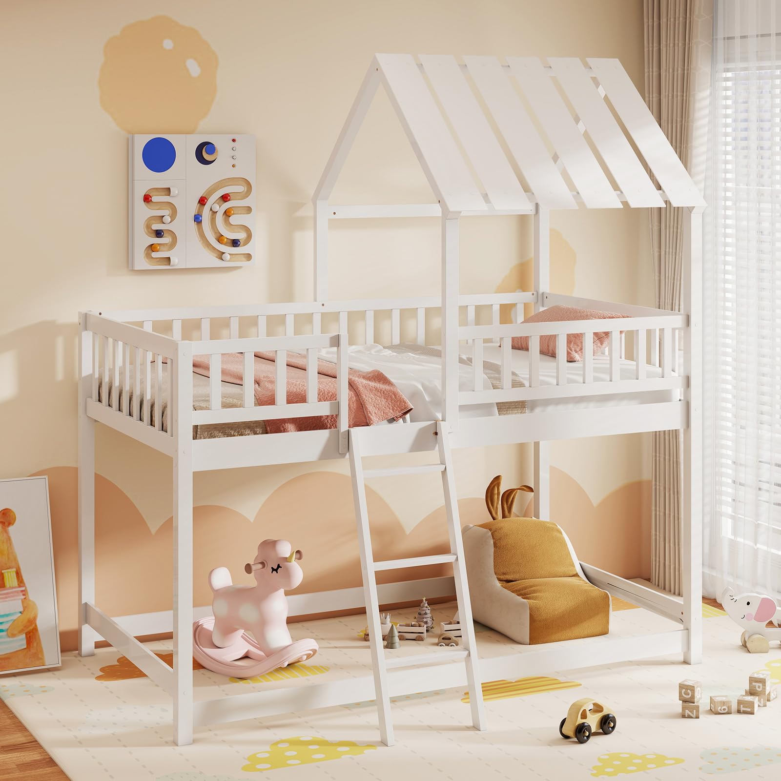 Twin Over Twin House Bunk Bed with Roof