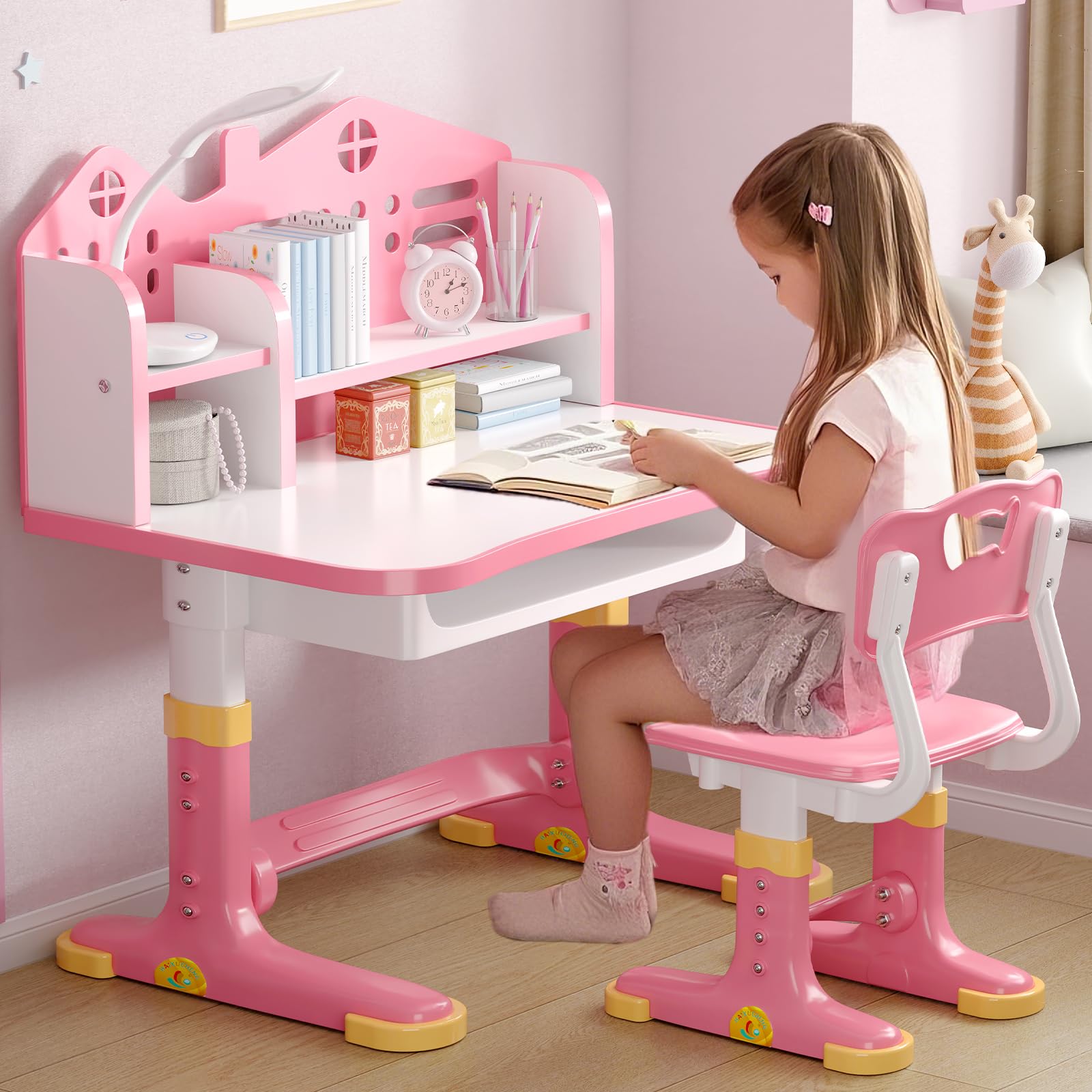 Kids Desk and Chair Set - Height Adjustable Study Writing Table with Bookstand and Storage Drawer