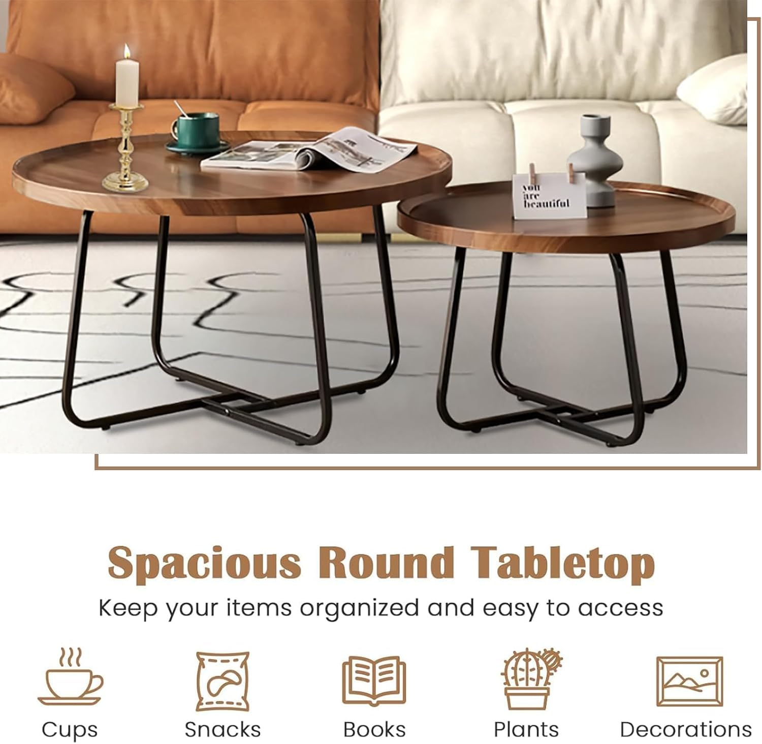 Round Nesting Coffee Table Set of 2 - Walnut with Fluted Design