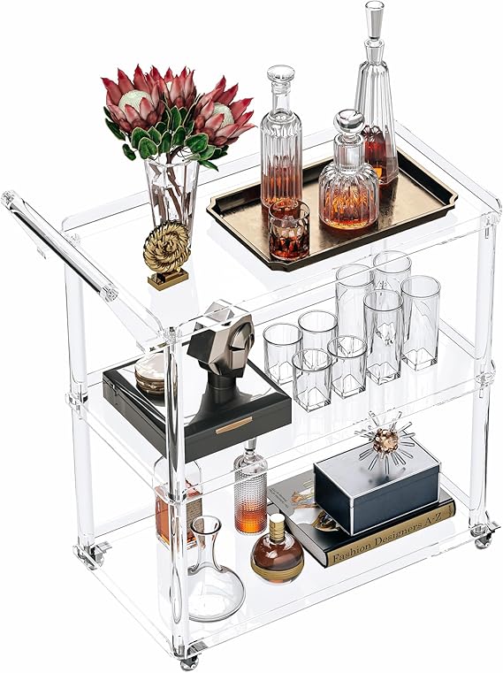 Acrylic Bar Cart 3-Tier Rolling Serving Cart with Lockable Wheels