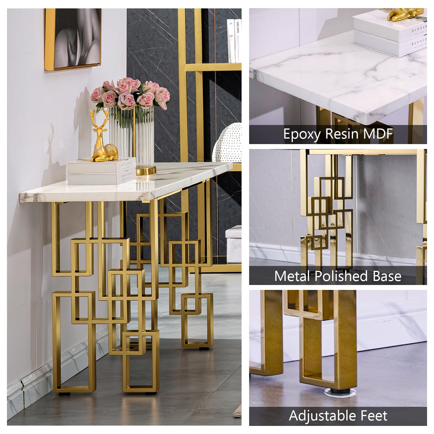 55" White Gold Console Table - Modern Rectangle Entryway Sofa Table