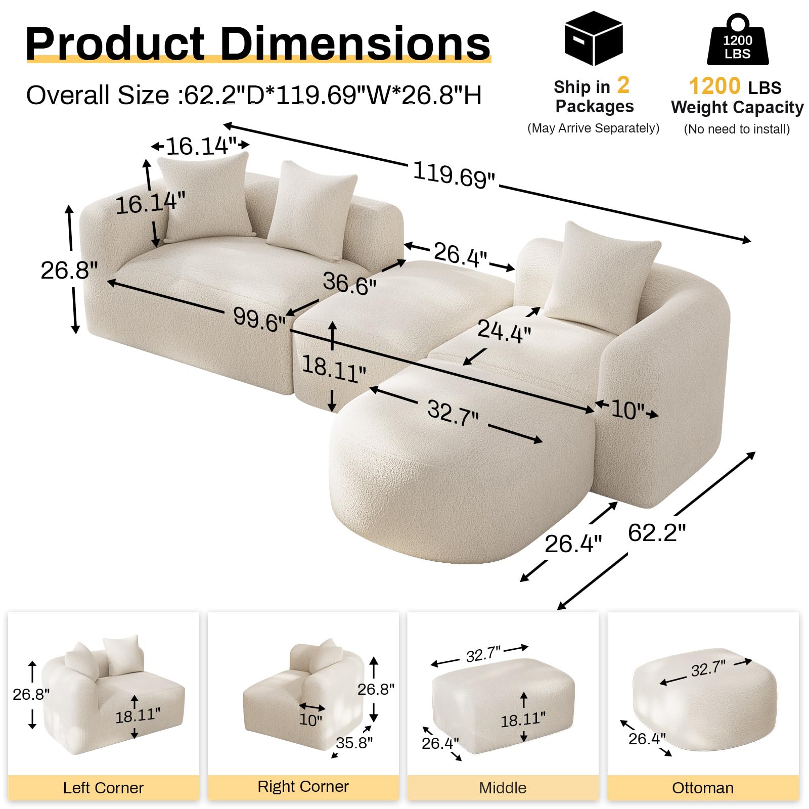 Modern Oversized Curved Sectional Sofa 119 Inch